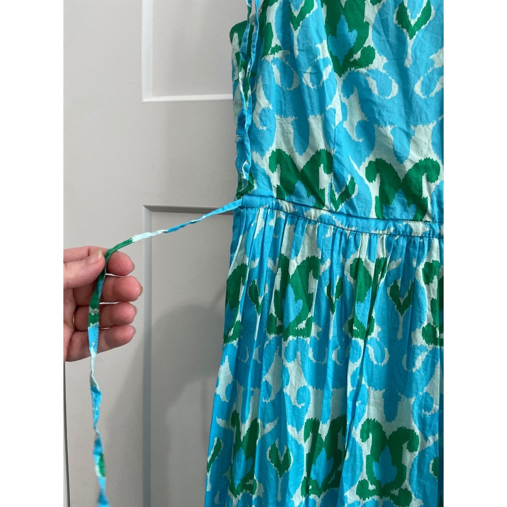 Talbots Petite Blue Green Ikat Cotton Tiered Midi Dress 12P Sleeveless V-Neck - Picture 3 of 10